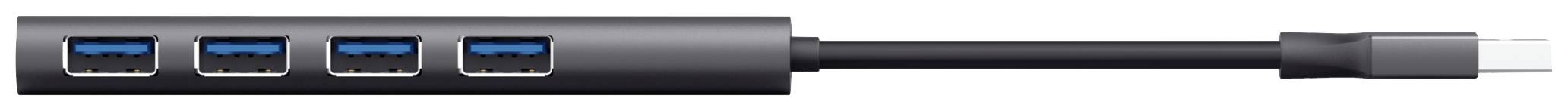 Crni USB hub s četiri USB 3.0 priključka, povezan kratkim kabelom.