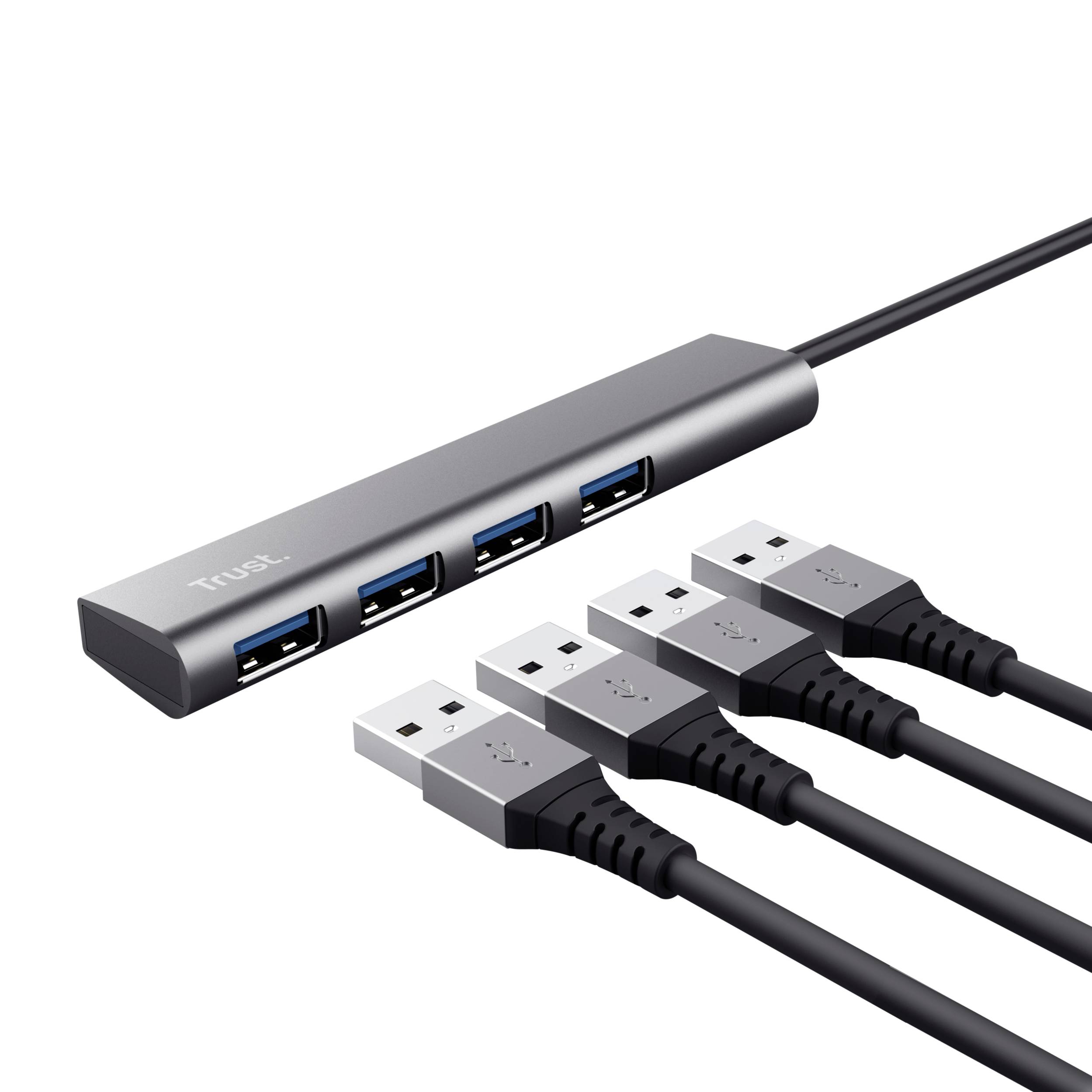 USB-hub s četiri priključka i četiri spojena USB kabela. Hub je označen natpisom 'Trust'.