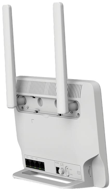 Wi-Fi usmjerivač s dvije antene, pogled straga prikazuje priključke i statusne indikatore. Pogodan za kućne mreže.