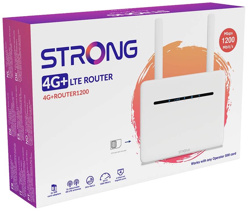 Ambalaža za bijeli 4G+ LTE usmjerivač marke Strong, model 1200, s isticanjem brzine '1200 Mbit/s', kompatibilan sa svim SIM karticama.