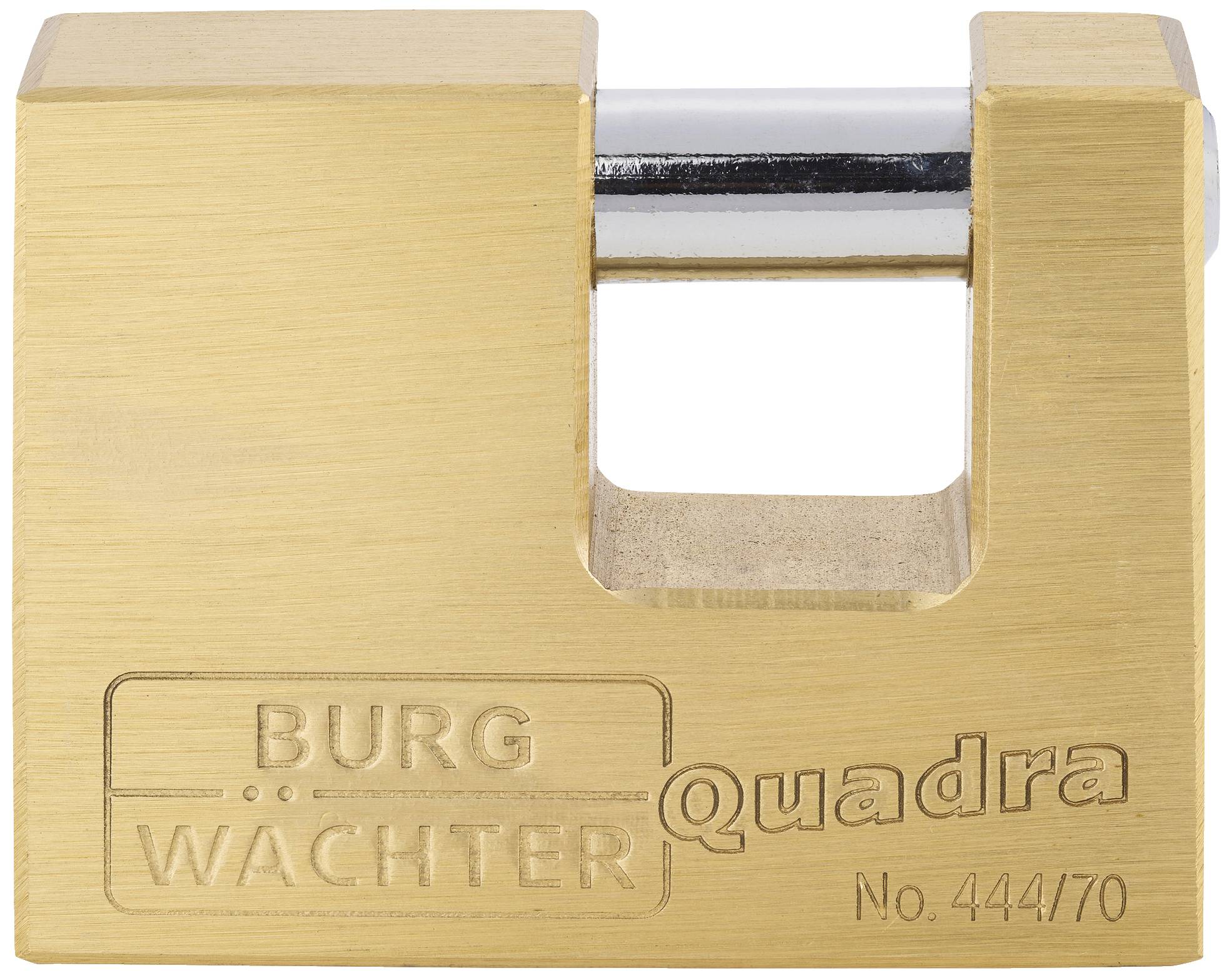 Pravokutna mesing brava za vješanje s urezom 'Burg Wächter Quadra br. 444/70'.