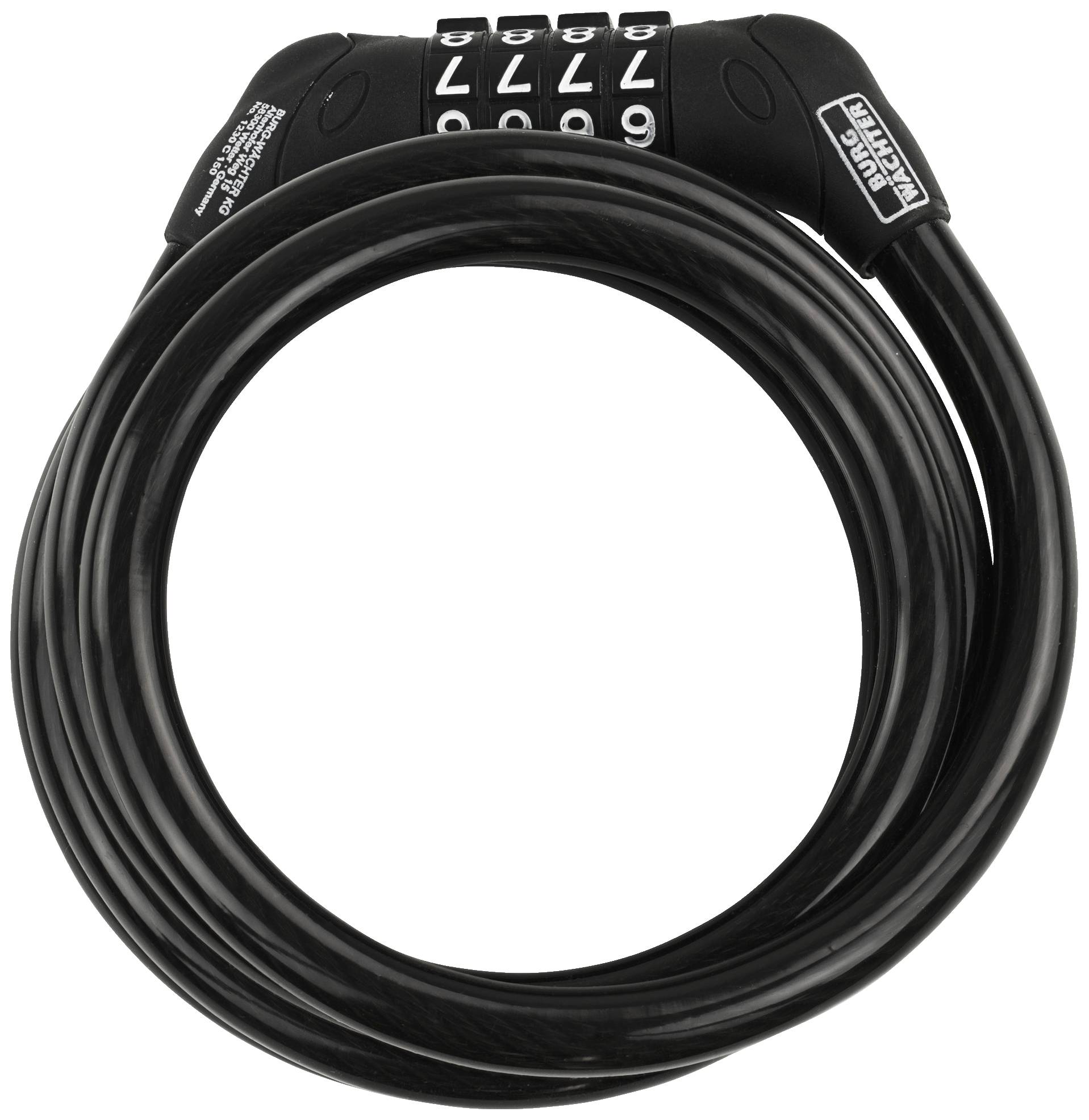 Biciklistička brava s brojčanim šiframa, crni kabel, smotana. Logotip marke vidljiv.