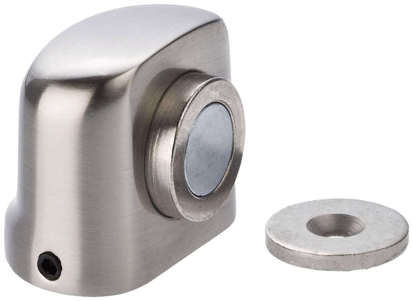 Nosač za vrata od metala s okruglim magnetom unutar i odgovarajućom okruglom metalnom pločicom pored njega.