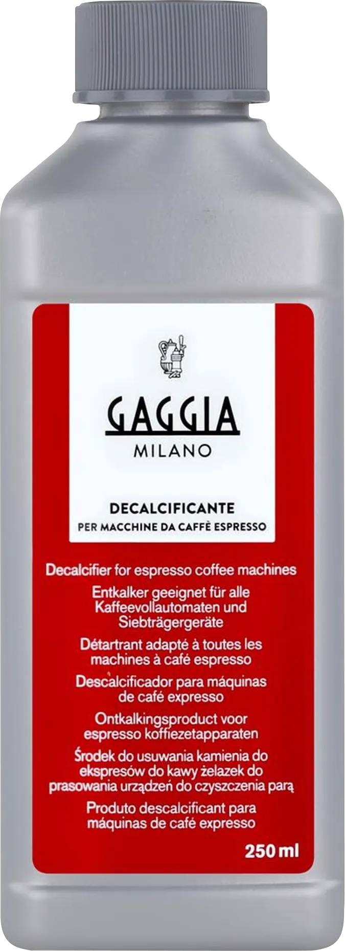 Bočica za uklanjanje kamenca s crvenom naljepnicom za espresso aparate, 250 ml. Pogodna za sve aparate za kavu i olakšava čišćenje.