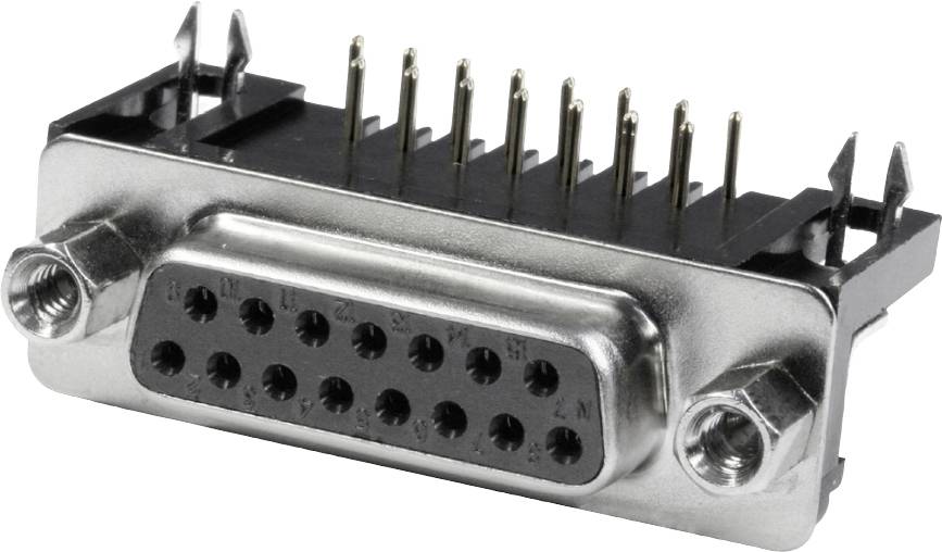 D-SUB priključni konektor s ženskim priključkom, metalnim okvirom i 15 pinova poredanih u dva reda, za elektroničke veze.
