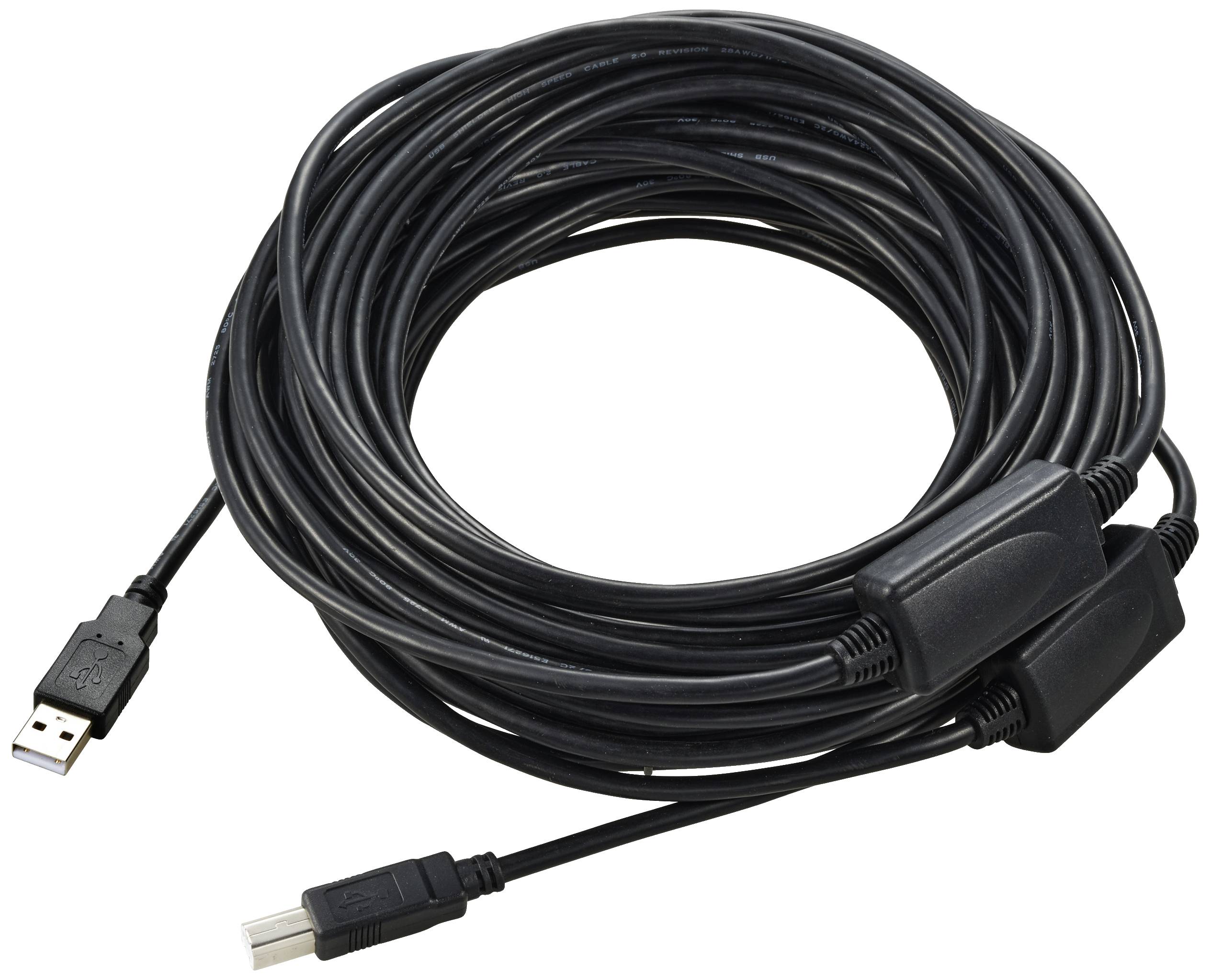 Dugi, savijeni crni USB kabel s dva različita tipa priključaka na krajevima, postavljen na bijeloj pozadini.