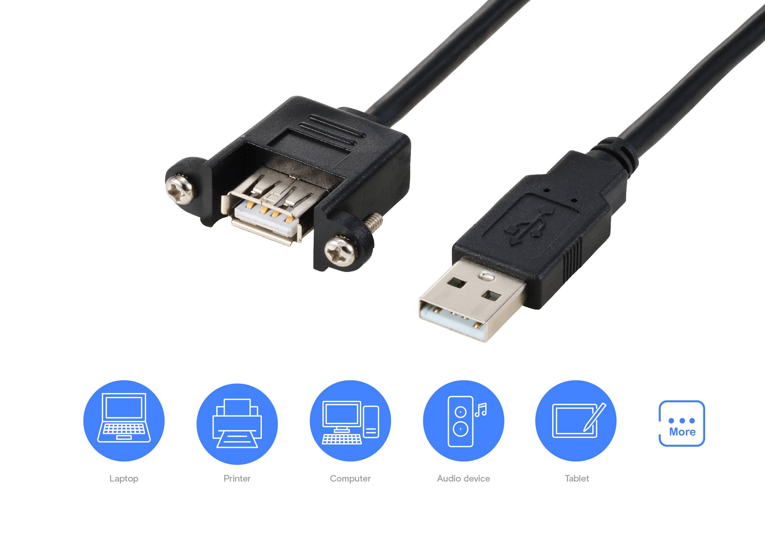 USB produžni kabel s muškim i ženskim priključkom, prikazan simbolima za laptop, printer, računalo, audio uređaj i tablet.
