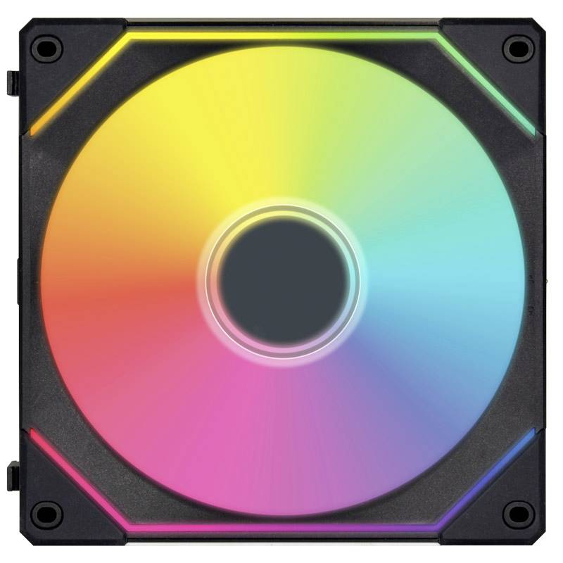 RGB računalni ventilator s crnim okvirom, prikazuje sjajnu, šarenu gornju stranu koja prelazi iz žute u plavu boju, služeći za hlađenje protoka zraka.