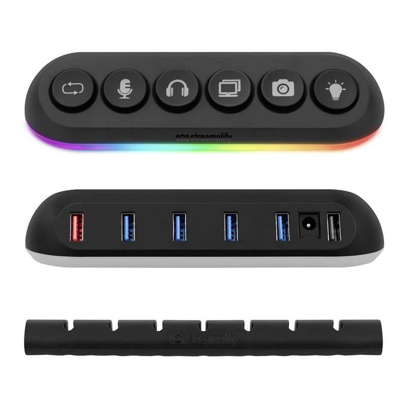 Višenamjenska upravljačka jedinica s tipkama: Mikrofon, zvučnik, kamera, svjetlo. Ispod toga USB hub sa šest priključaka.