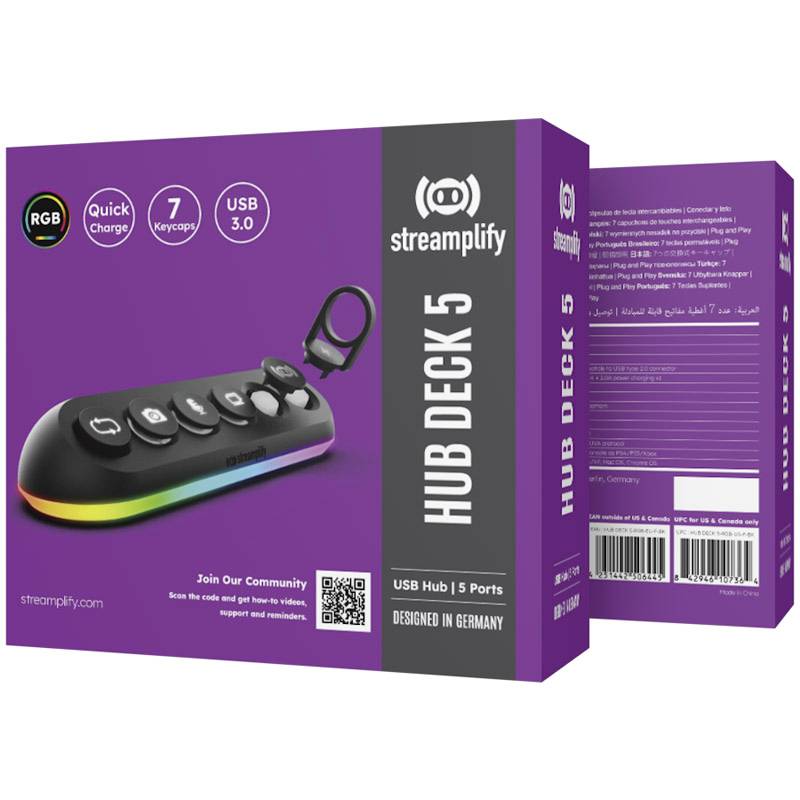 'Ljubičasta ambalaža Stream Decka s 5 USB 3.0 priključaka, 7 tipki i RGB osvjetljenjem, dizajniran u Njemačkoj, brzo punjenje.'
