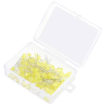 Prozirna kutija sa žutim LED-ovima, otvorena. Sadrži mnoge samostalne, okrugle LED-ove s vidljivim žicama, spremne za upotrebu u elektroničkim projektima.