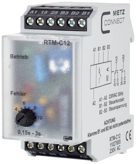 Upravljačko relé RTM-C12 s regulatorom za vremensko podešavanje, višestrukim priključcima i uputama za instalaciju.