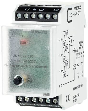 'DUW-C12 uređaj za nadzor napona od METZ CONNECT-a, kompatibilan s DIN VDE0108 standardom. Trofazni nadzor mreže.'