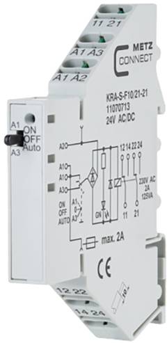 Modul s obrascem električne sheme, prikazuje električne povezivosti i specifikacije: 24V AC/DC, maks. 2A, naziv marke 'METZ CONNECT'.