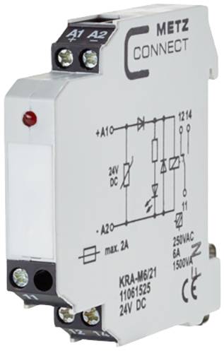'METZ CONNECT' relejna jedinica u bijeloj boji. Natpisi prikazuju električne specifikacije. Ulazi A1, A2; Izlazi 12, 14. Pogodan za 24V DC.