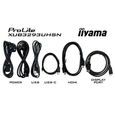 Mrežni adapter i povezni kabeli za 'iiyama ProLite XUB3293UHSN', uključujući napajanje, USB, USB-C, HDMI, DisplayPort.