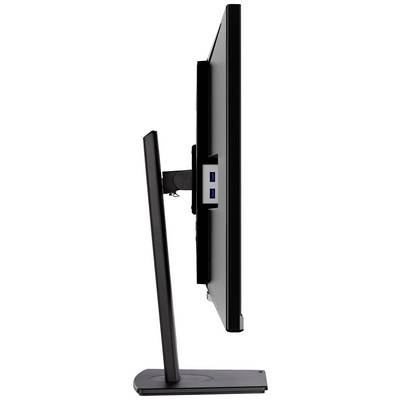 Pogled sa strane ravnog računalnog monitora s crnim rubom. Monitor je postavljen na stalak. Dva USB priključka su vidljiva.