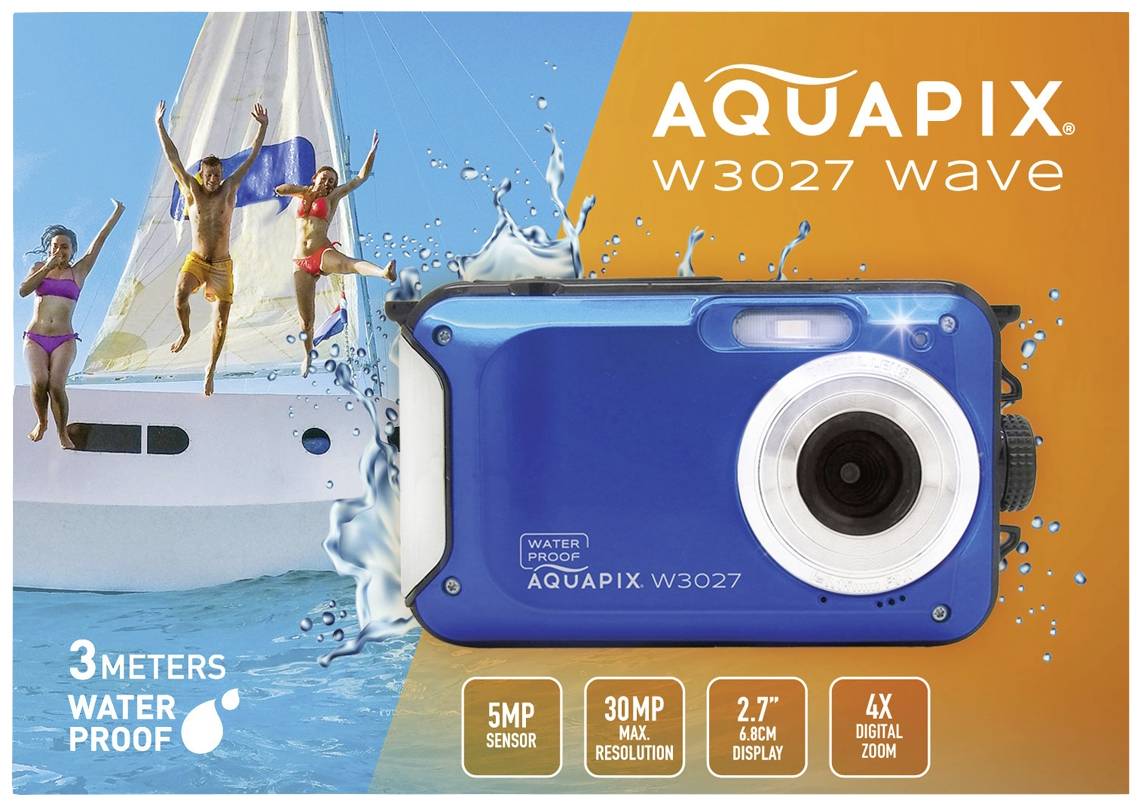 Ambalaža prikazuje vodootporni fotoaparat pod nazivom 'Aquapix W3027 Wave'. Lijevo, osobe skakaju s broda u vodu.