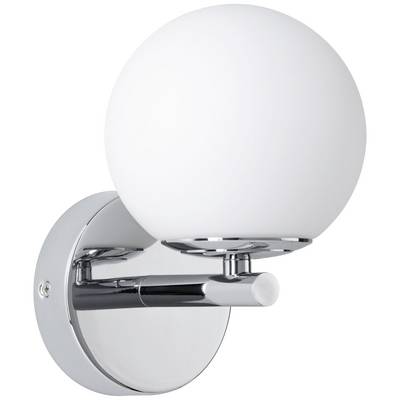 Zidna lampa s okruglim, bijelim staklenim sjenilom i kromiranim nosačem, modernog dizajna.