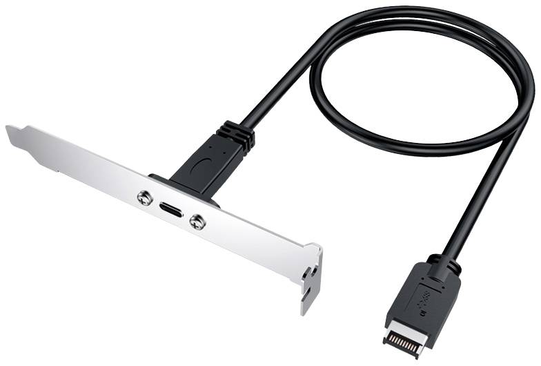 PCIe ekspanzijski utikač s USB-C priključkom na metalnom nosaču, spojen kabelom koji ima veći utikač.