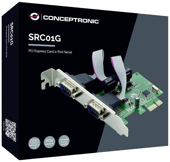 'CONCEPTRONIC SRC01G PCI Express Kartica s 2 serijska porta' prikazuje proširnu karticu s dva serijska porta i ravnim trakom kabela.