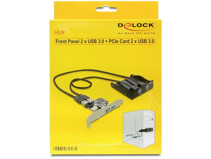 Ambalaža za 'Delock prednji panel 2 x USB 3.0 + PCIe kartica 2 x USB 3.0'. Prikazuje sliku proizvoda i ugradnju u kućište računala.