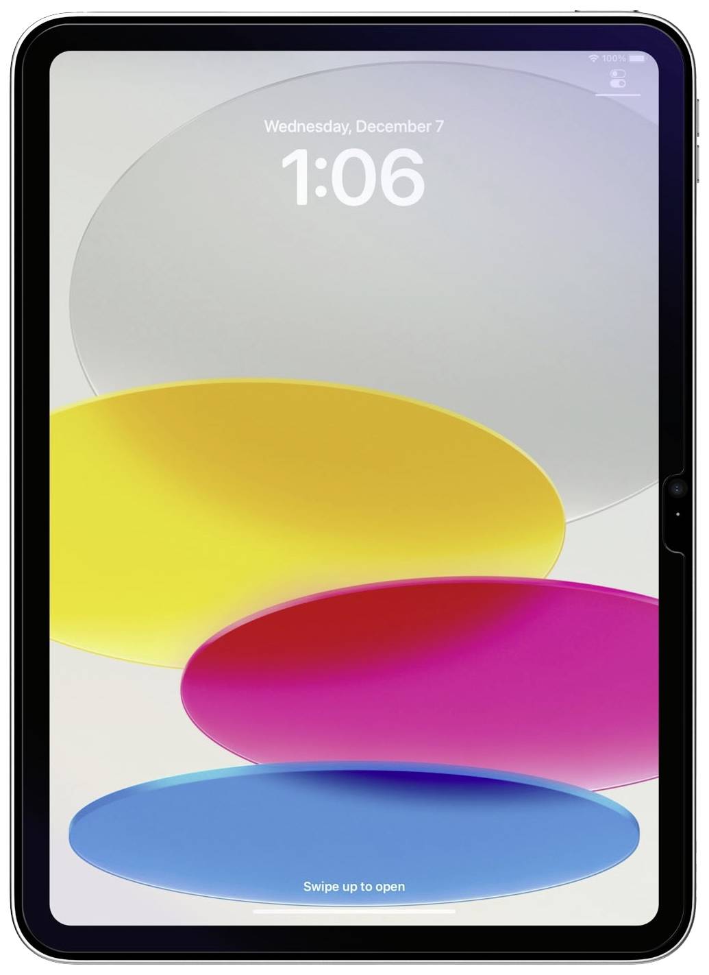 Tablet zaslon prikazuje vrijeme 1:06. Šarene ovalne forme u žutoj, ružičastoj i plavoj boji na sivoj pozadini.