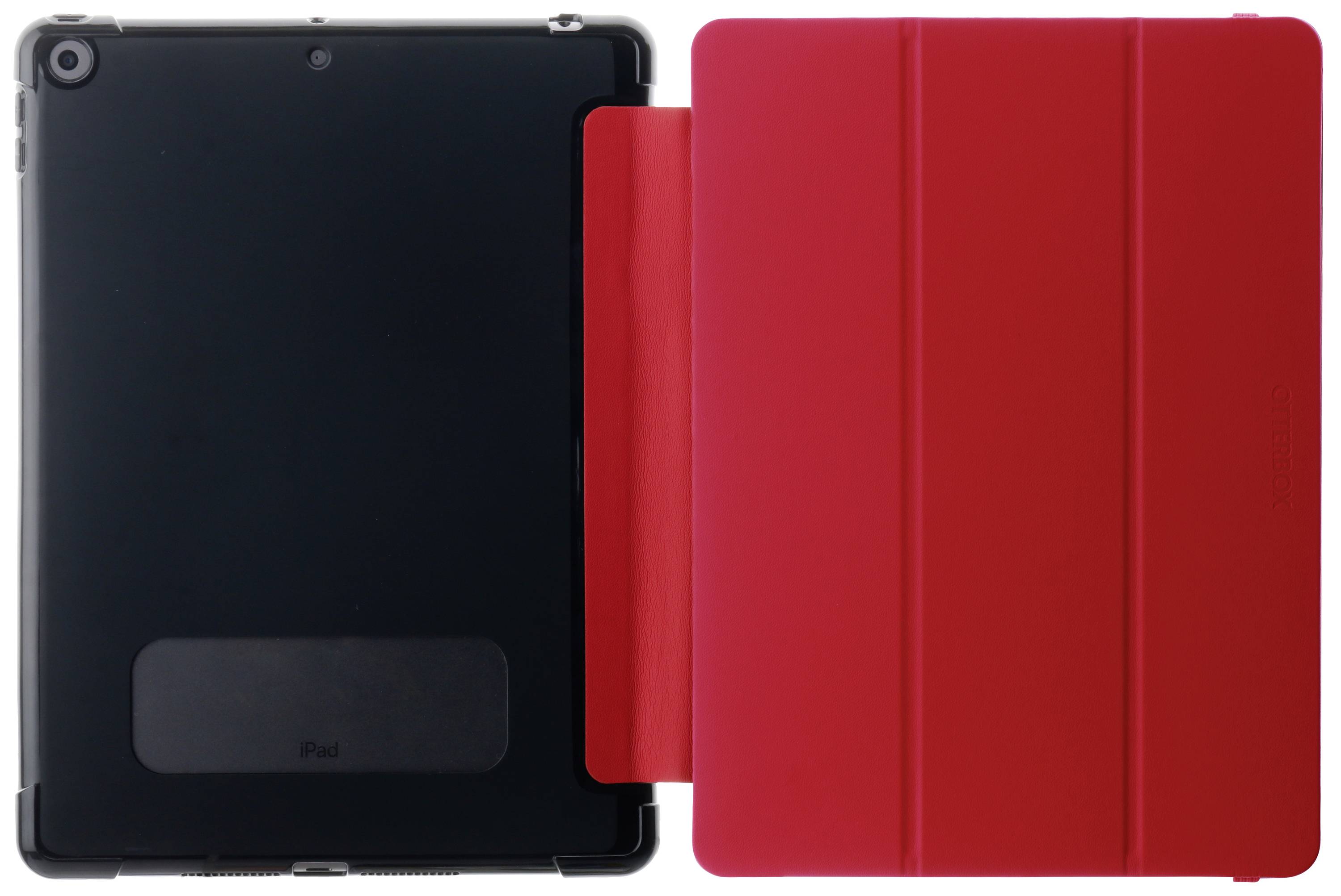 Tablet s crnom stražnjom stranom i crvenom zaštitnom futrolom koja je otvorena do pola.