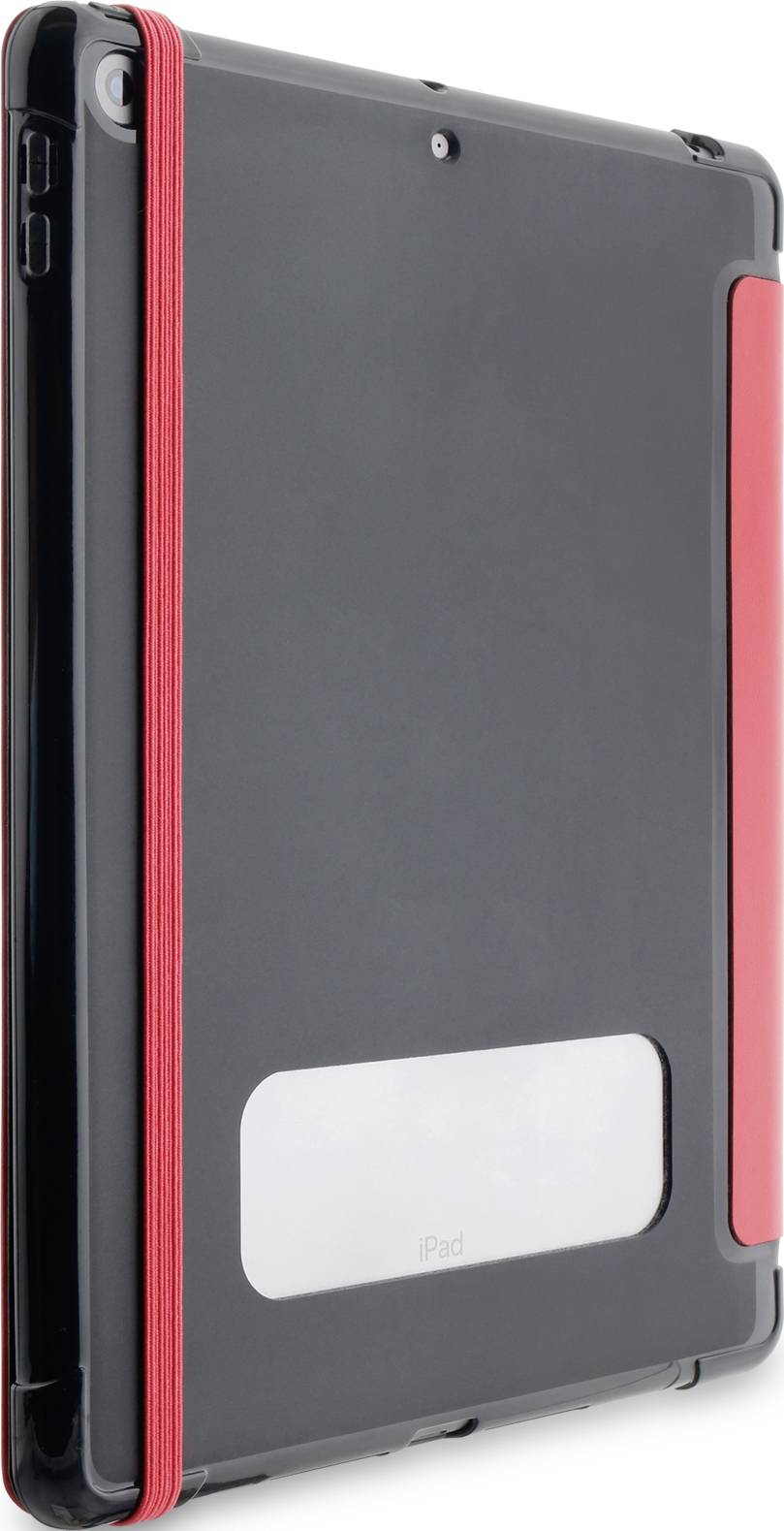 Crna futrola za tablet s crvenim rubom i elastičnom trakom. Vidljiv objektiv kamere i prostor za oznaku brenda.