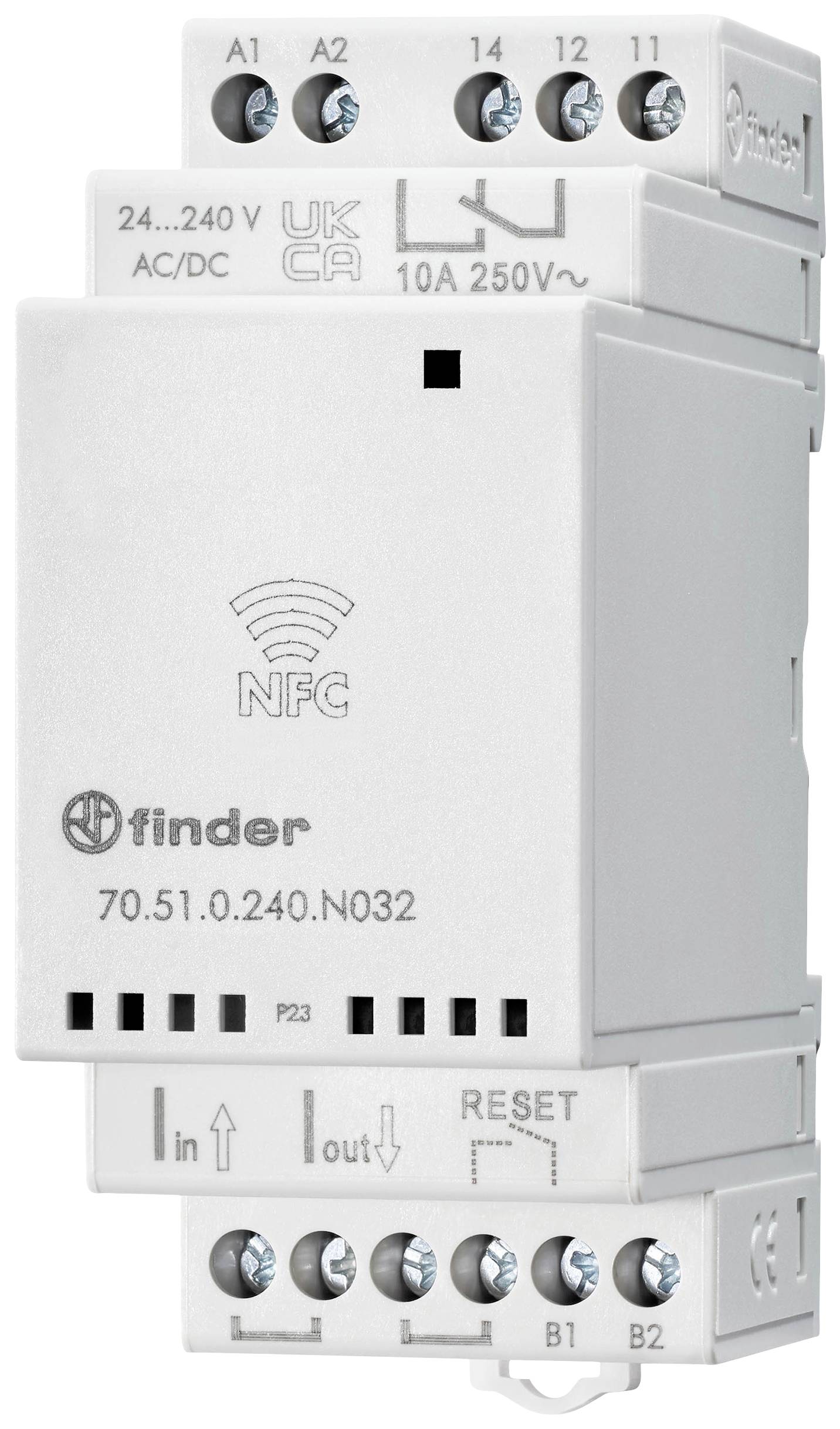 Finder-NFC-relej, 60.13.0.240.3040, DIN-šina, 10 A, 250 V~, kompatibilan s AC/DC, UKCA- i CE-certificiran, tipka za resetiranje.