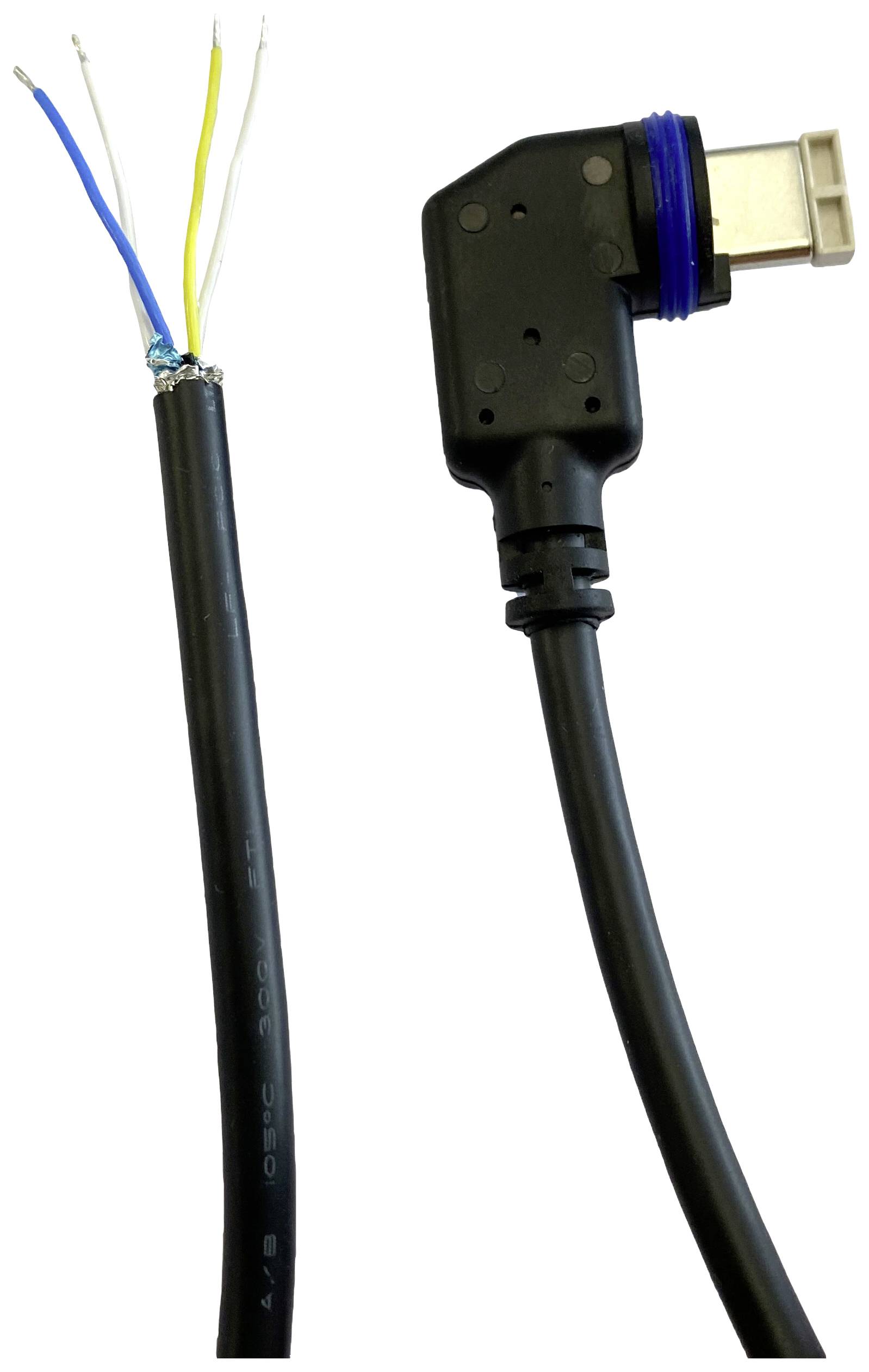 Crni podatkovni kabel s četiri gola žica lijevo i desnim kutnim utikačem desno.