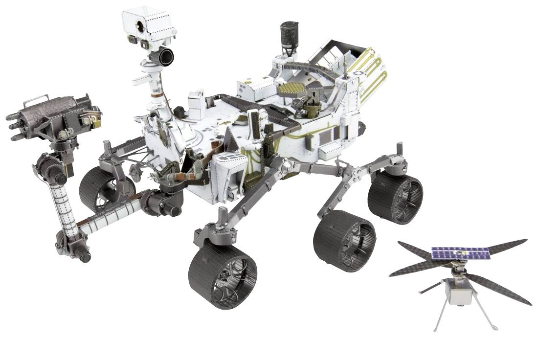 Bijeli Mars rover s šest kotača i opremom za kamere. Pored njega manji helikopter s solarnim ćelijama, koji upućuje na istraživanje.