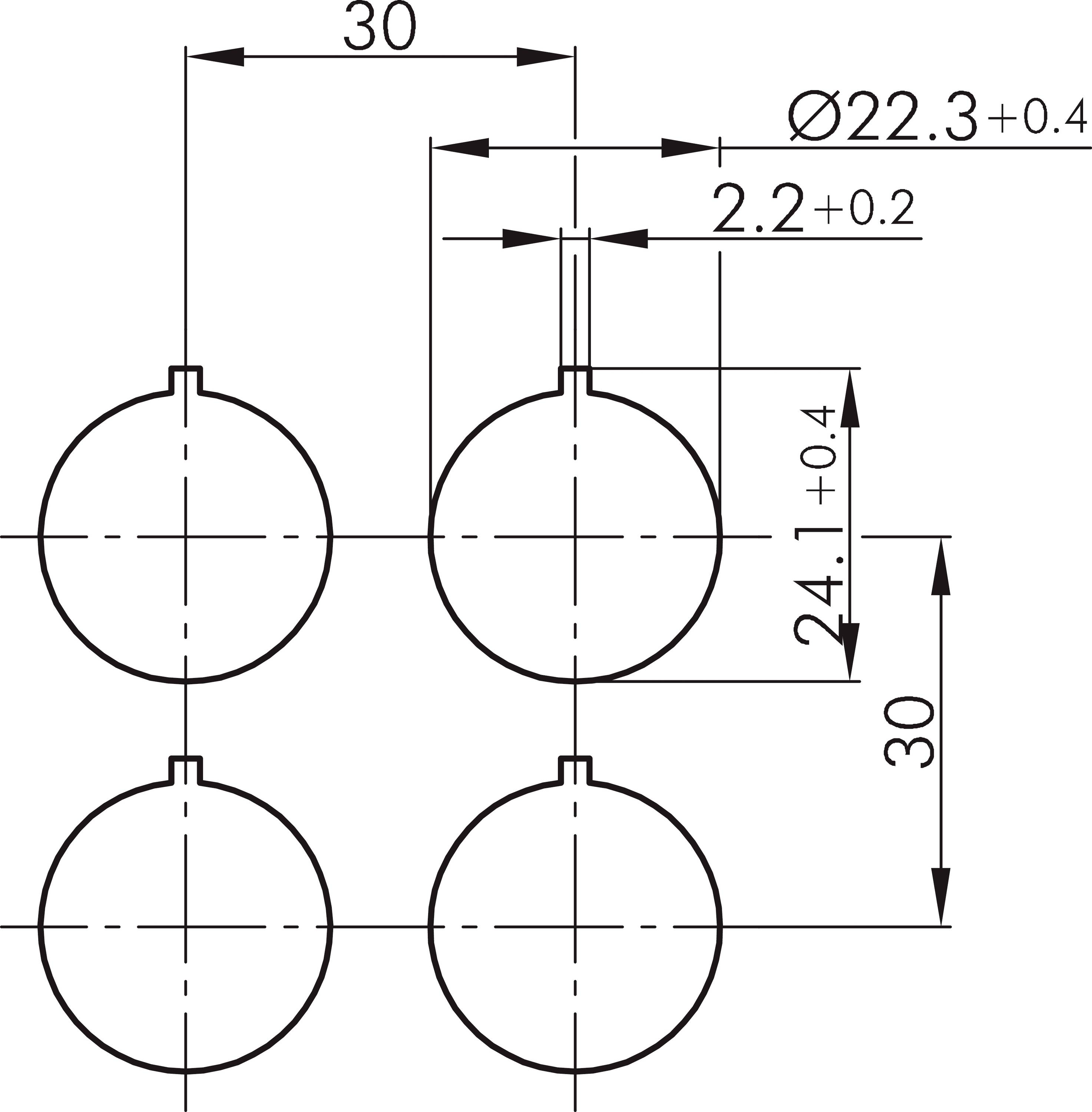 Tehnički nacrt s četiri identična kružna objekta na udaljenosti od 30 mm. Promjer 22,3 mm, veličina rupe 2,2 mm.