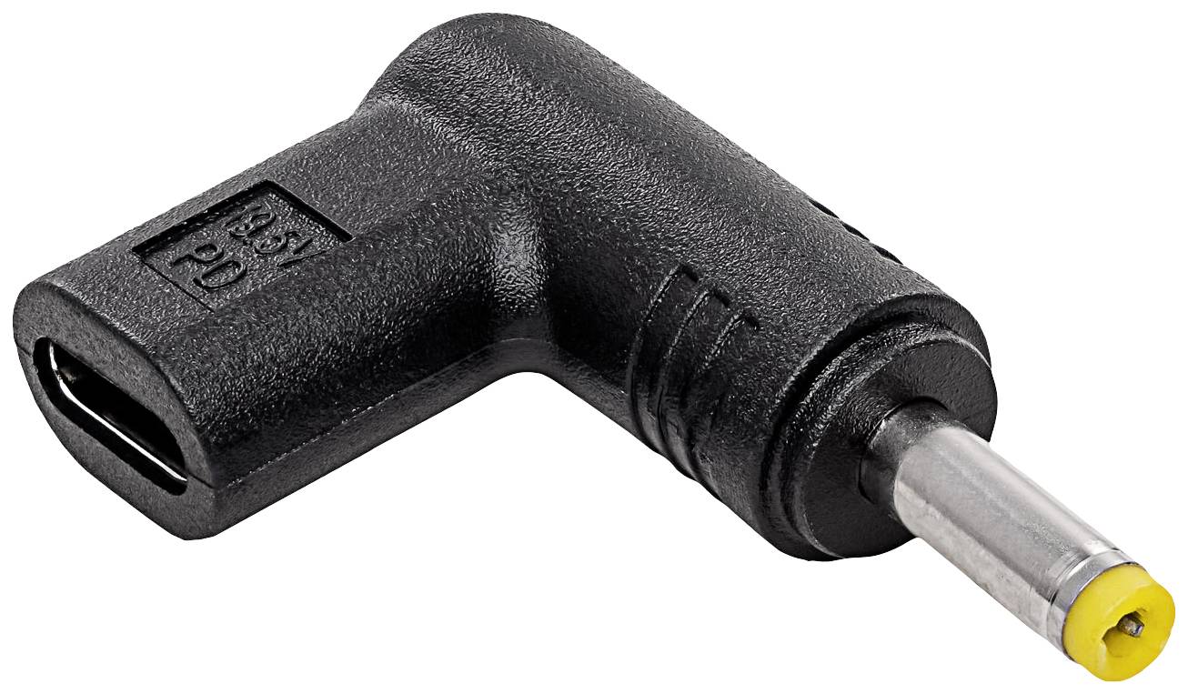Adapter s USB-C priključkom na jednoj strani i utičnicom za šuplji utikač na drugoj strani, u L-obliku.