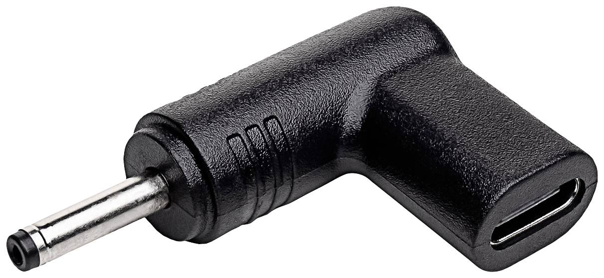 Crni 90-stupanjski adapter s okruglim utikačem na jednoj i USB utičnicom na drugoj strani, snimljen iz bliza.