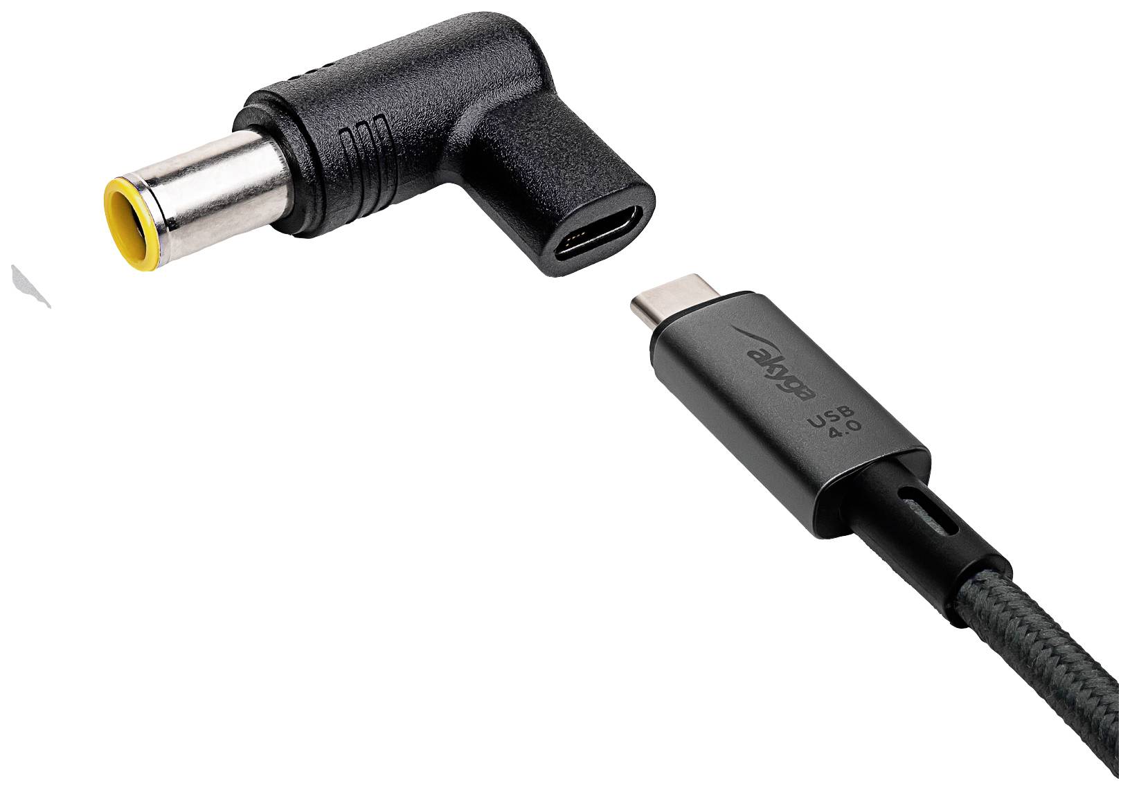 Crni USB-C kabel s eOne logotipom pored zakrivljenog DC utikača sa žutim rubom, pri čemu su oba prikazana na svojim priključnim krajevima.