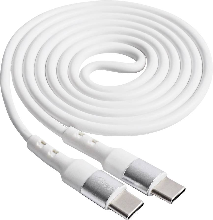 Bijeli USB-C kabel, namotан, s dva priključka na krajevima, pogodan za prijenos podataka ili punjenje uređaja.