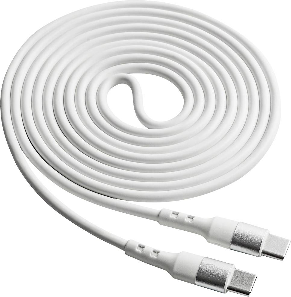 Dugi, namotani USB-C kabel u bijeloj boji. Oba kraja imaju identične USB-C priključke, pogodni za prijenos podataka i punjenje.