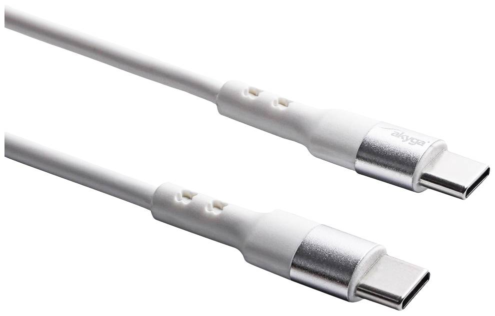 Dva bijela USB-C kabela sa zaobljenim metalnim krajevima leže jedan do drugoga na bijeloj pozadini.