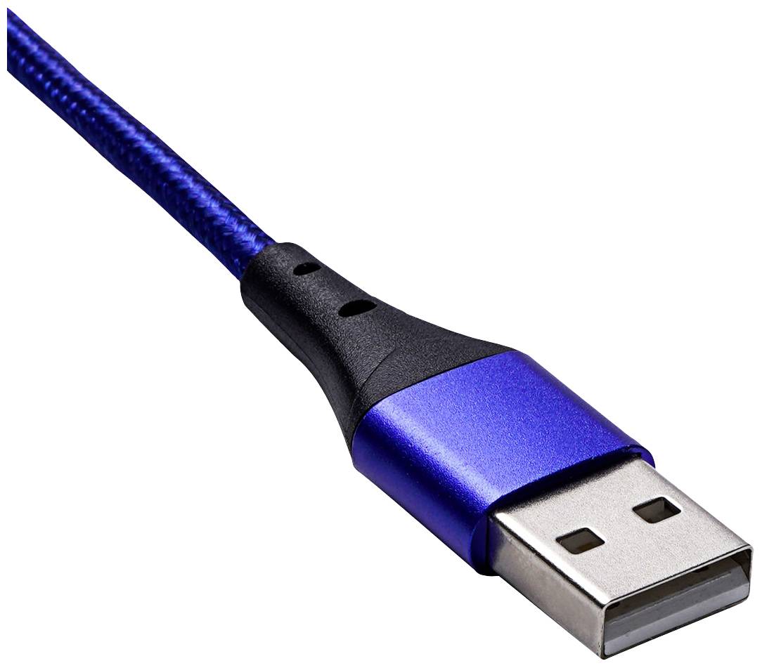 Plavi USB utikač s crnim kabelom, snimljen iz blizine.