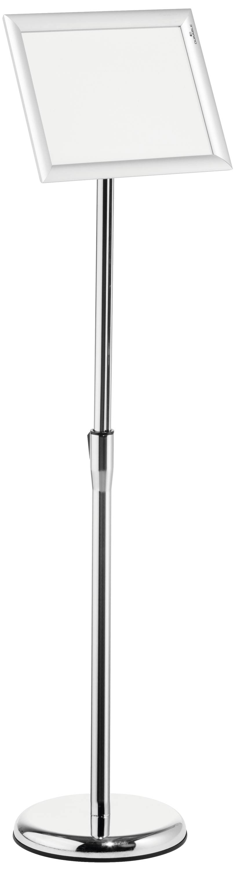 Srebrni informativni stalak od metala s pravokutnim okvirom na stabilnoj bazi. Idealan za postere ili informativne letke.