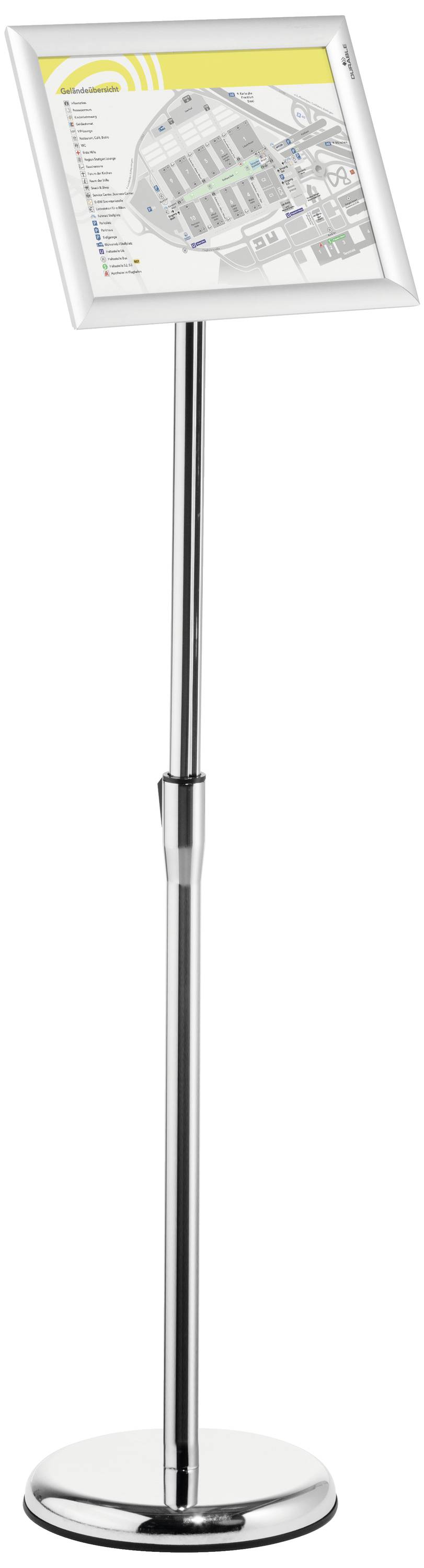 Informativni stalak sa preglednom mapom na jednom listu, smješten u srebrnom okviru na metalnom postolju.