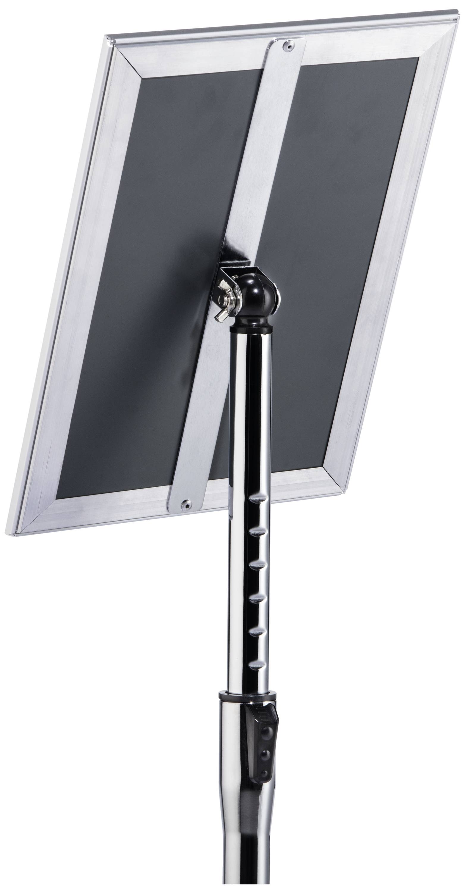 Stalak s podesivim držačem za natpis ili poster, izrađen od metala, s crnom pozadinom i srebrnim okvirom.