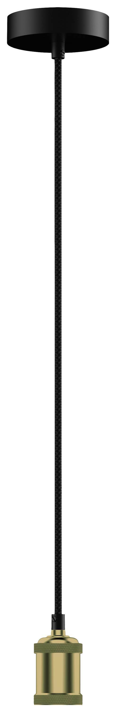 Viseća lampa s crnim kabelom i zlatnim podnožjem, modernog dizajna.