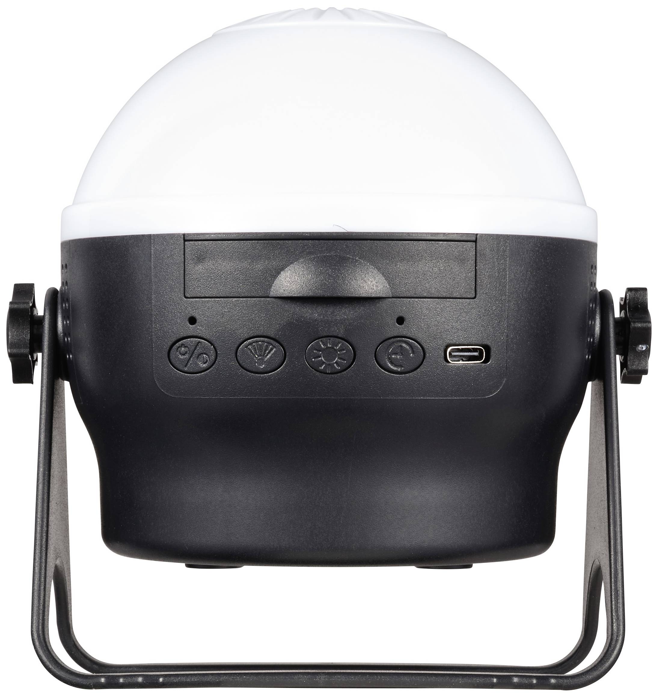 Crna i bijela prijenosna lampa s okruglim sjenilom, ugrađenim zvučnikom, kontrolnim tipkama i USB priključkom.