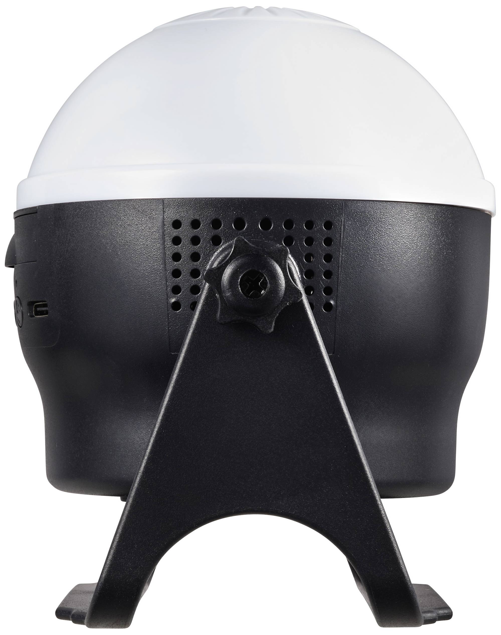 Crni projektor s bijelom kupolom, vidljiv frontalno na stalku, za osvjetljavanje prostora iznutra.