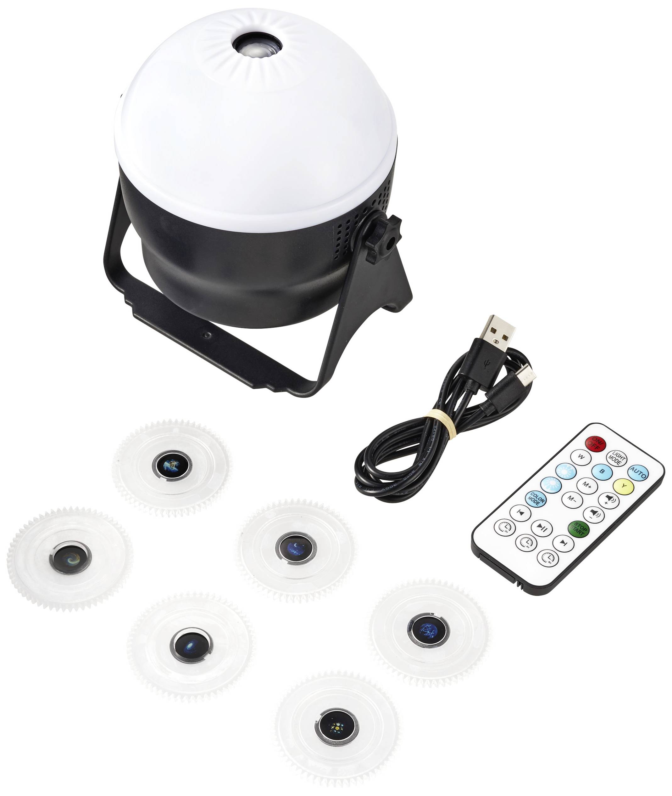 Projektor s šest zamjenjivih leća, daljinskim upravljačem i USB kabelom.