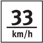 '33 km/h' na crnoj podlozi, simbolizira ograničenje brzine ili trenutnu brzinu.