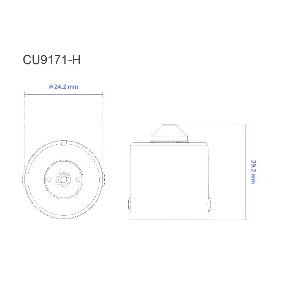 Tehnički nacrt cilindričnog objekta oznake 'CU9171-H'. Prednji pogled promjera 24,2 mm, bočni pogled visine 29,2 mm.