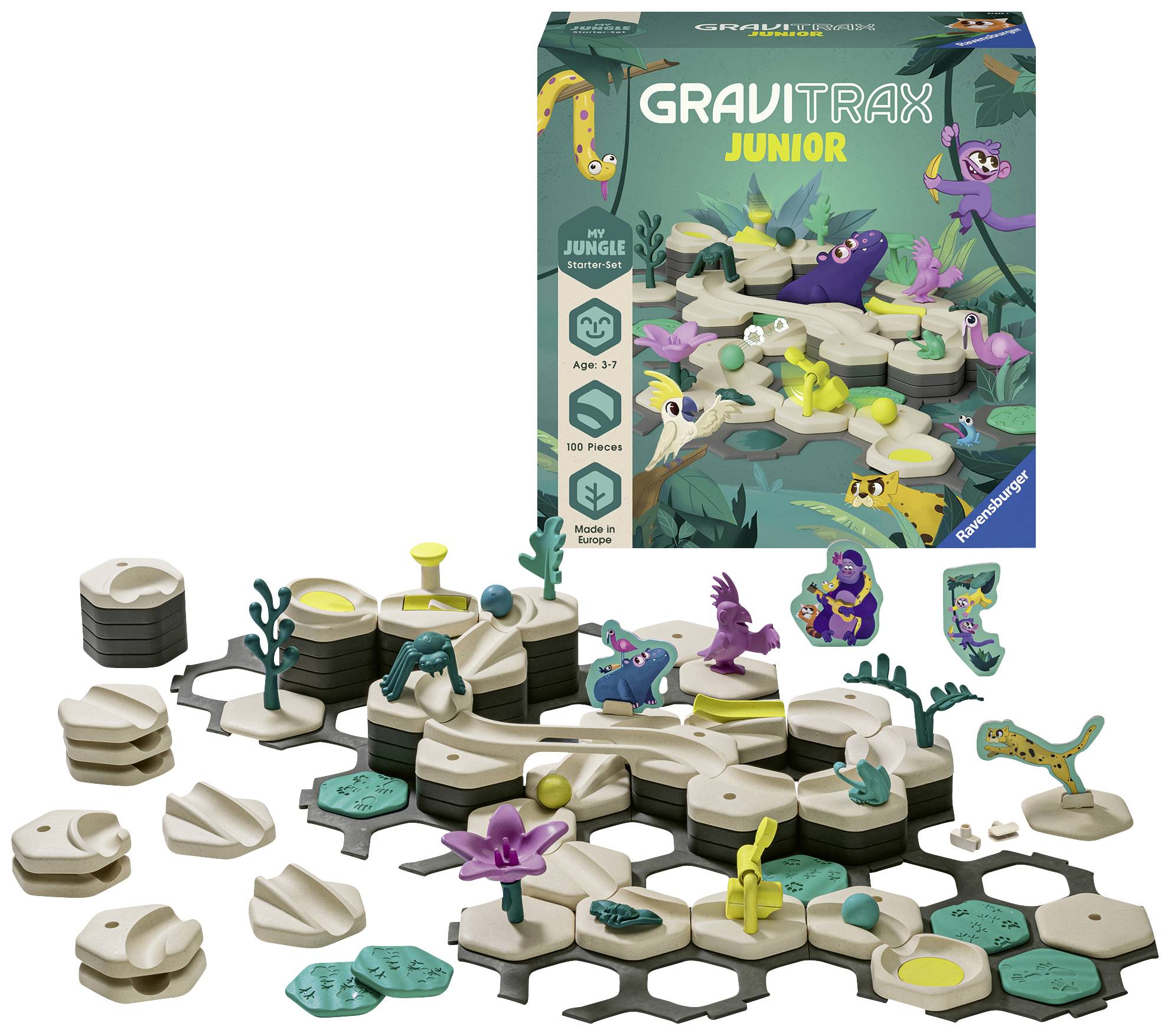 GraviTrax Junior krajobraz igre s džungelskom temom, šarenim životinjskim figurama i modulima staza ispred pakiranja. Od 3 godine.
